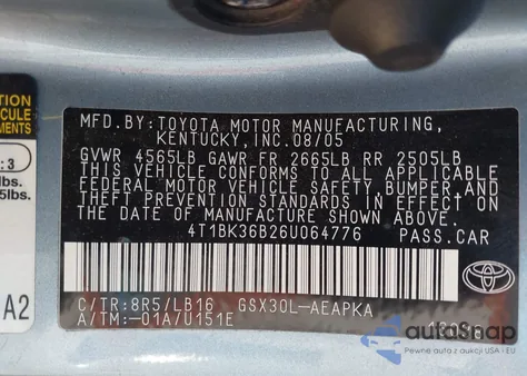 2006 Toyota Avalon Limited z USA, uszkodzony, nr VIN 4T1BK36B26U064776